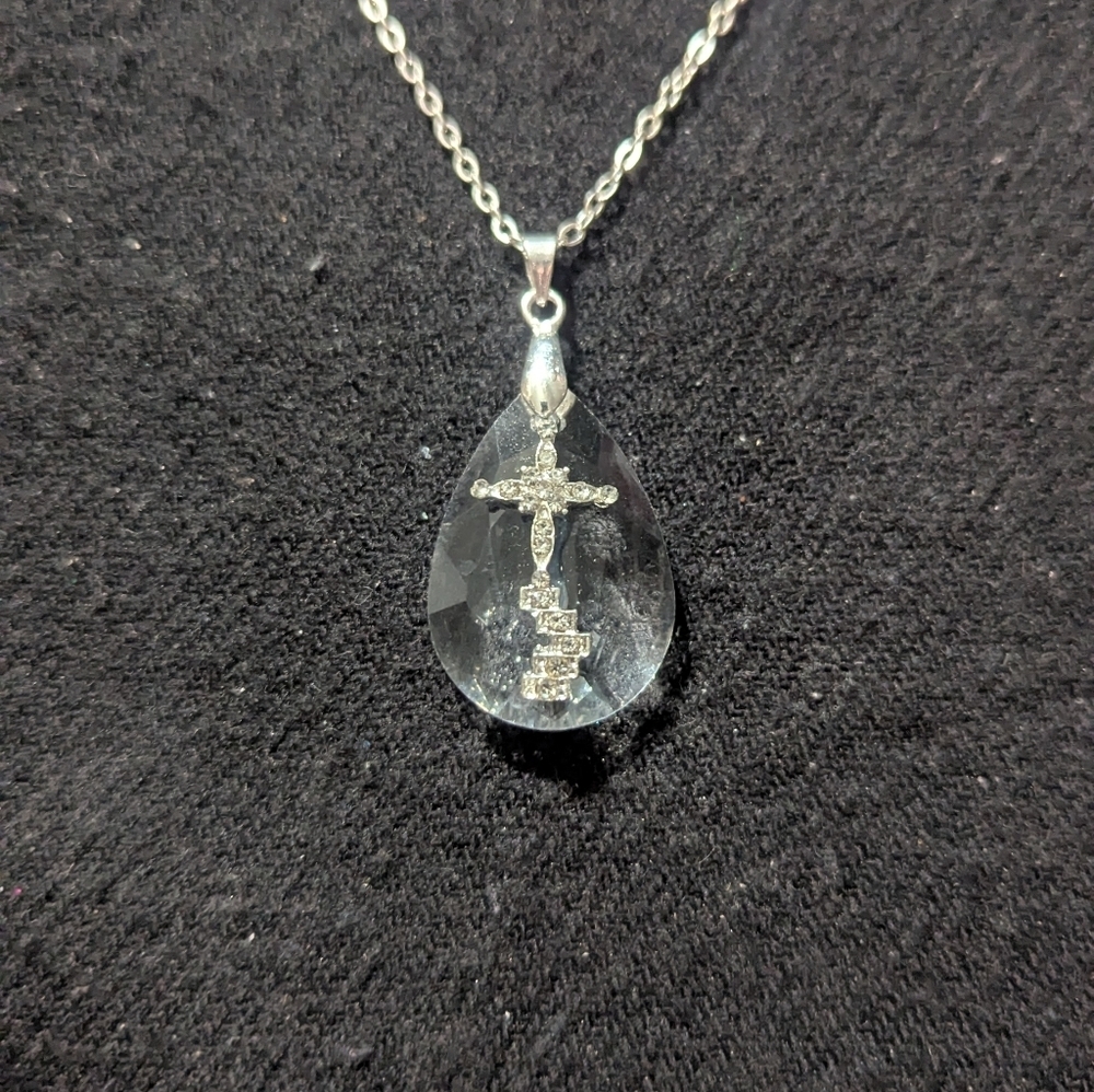 Silver Tone Clear Rhinestone Cross Faceted Crystal Drop Pendant Necklace